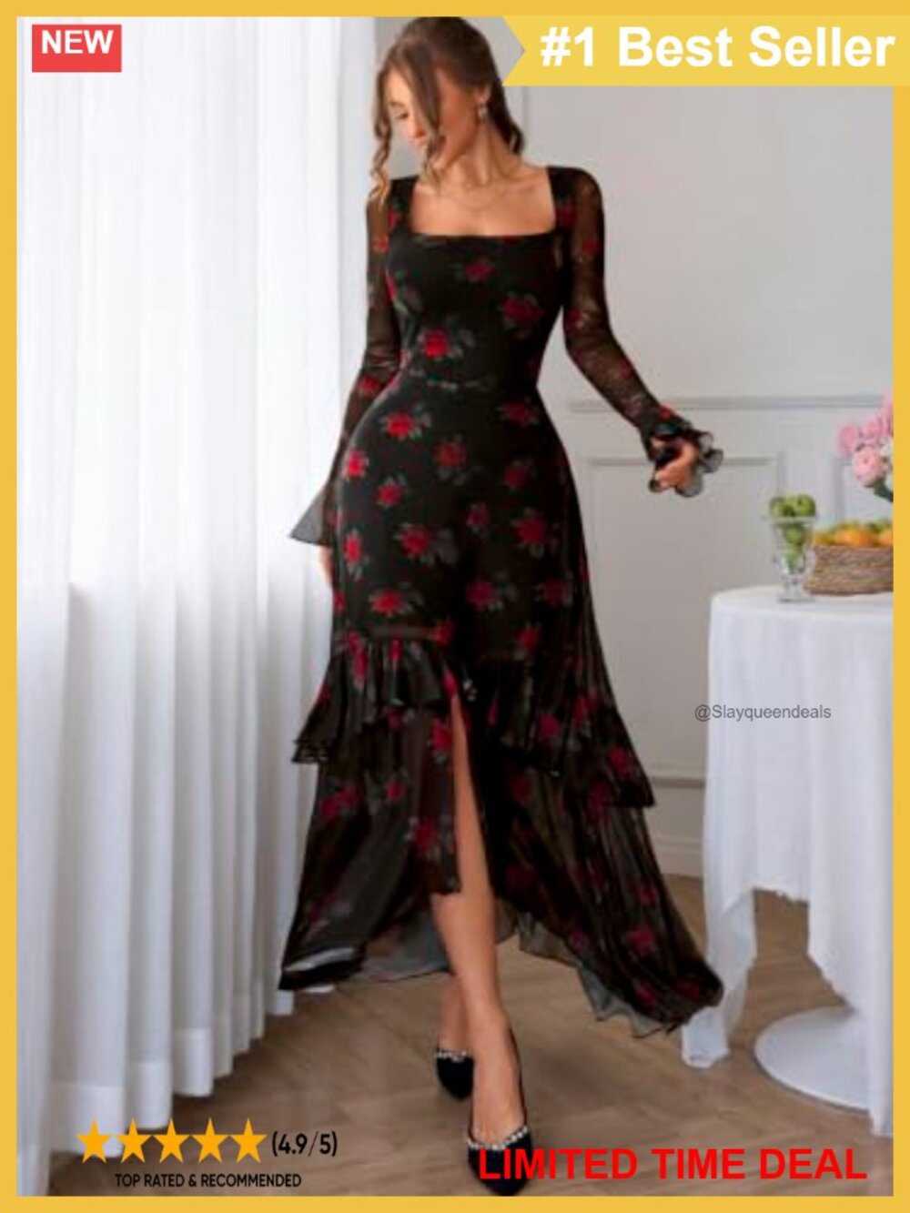 Women's Floral Mesh Square Neck Bell Sleeve High-Low Ruffle Maxi Dress - Picture 5 of 6